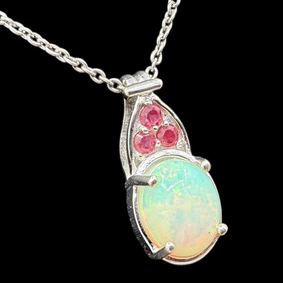 D’Joy Jewelry - Ethiopian Welo Opal Niassa Ruby Pendant Necklace 925 Sterling Silver 20in Chain